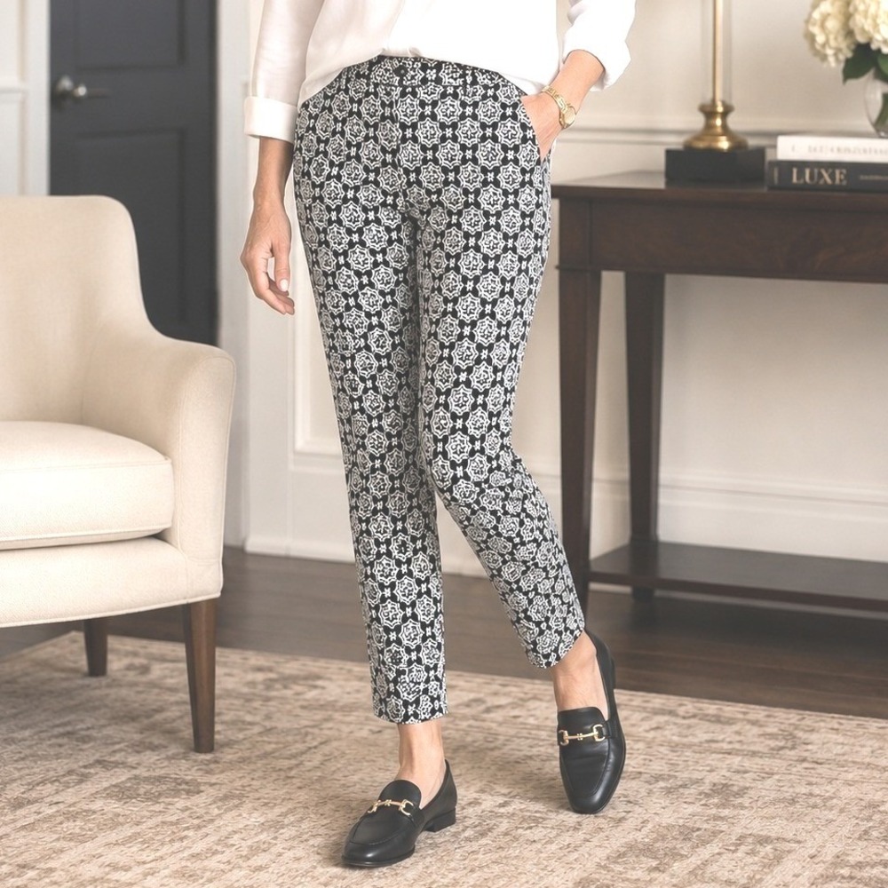 Talbots Chatham Ankle Pants Black White Geometric Print Slim Stretch Career 2